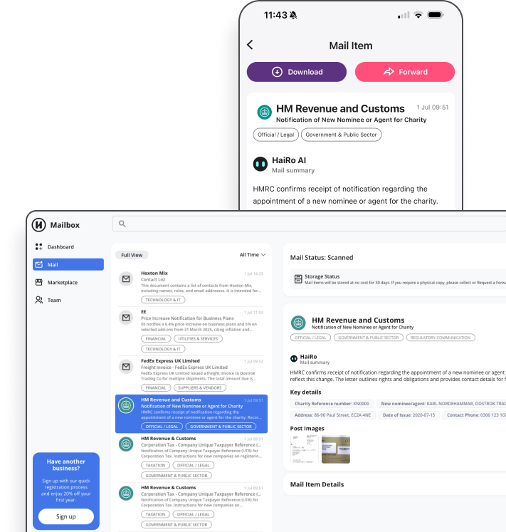 Customer app screenshots displaying mail interface