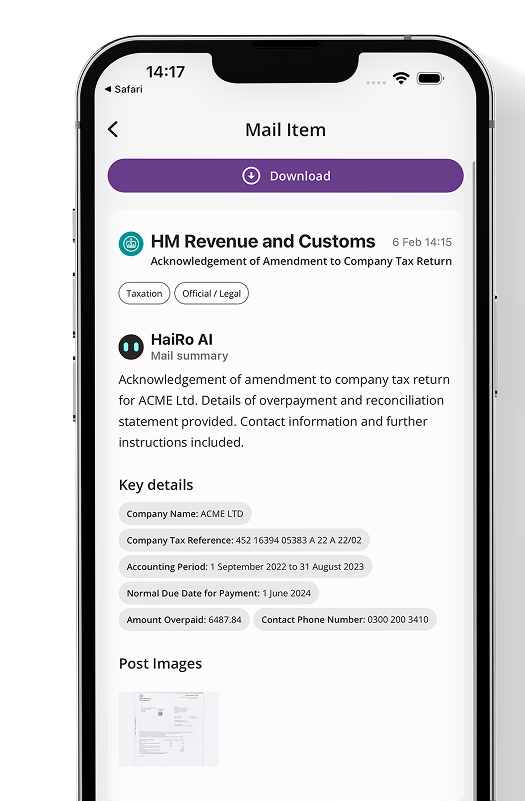Customer app screenshot displaying mail interface