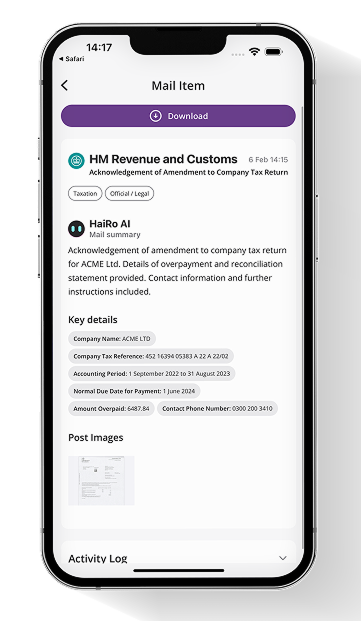Customer app screenshot displaying mail interface