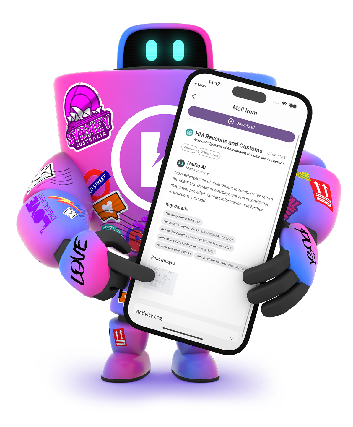 HaiRo™ robot mascot holding phone