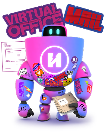 robot with stickers pointing right