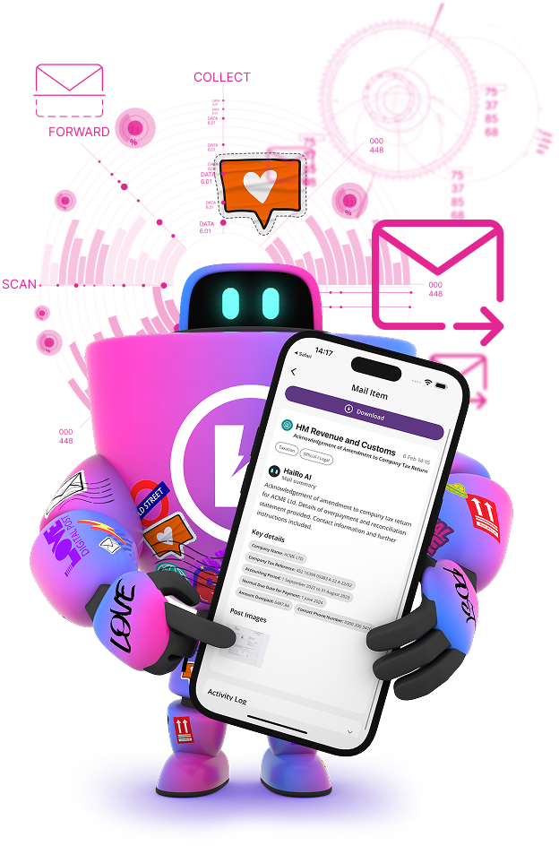 Robot on scan background holding phone