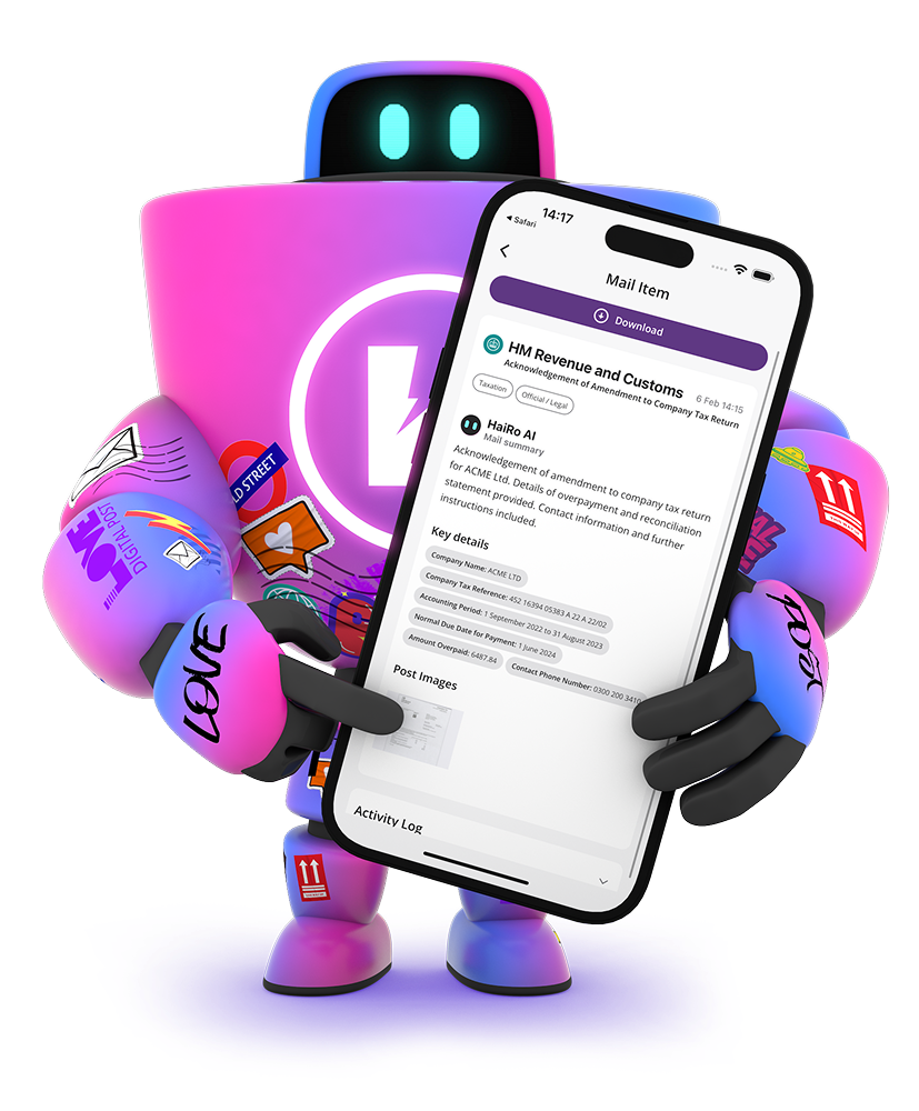 HaiRo™ robot mascot displaying mail interface