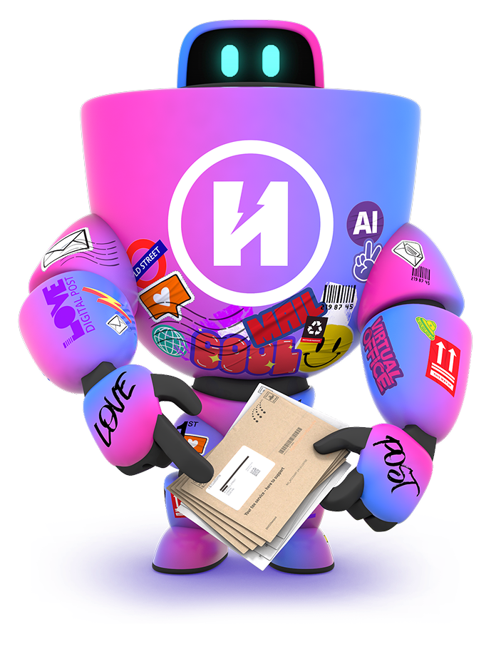 HaiRo™ robot mascot pointing at envelopes