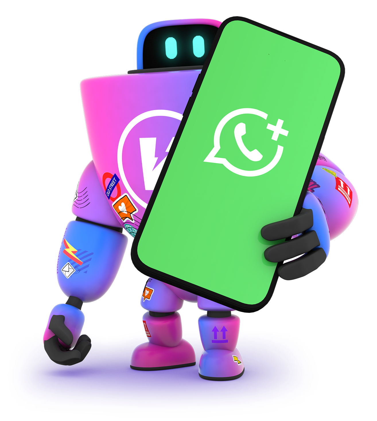 HaiRo™ robot mascot holding phone with whatsapp logo