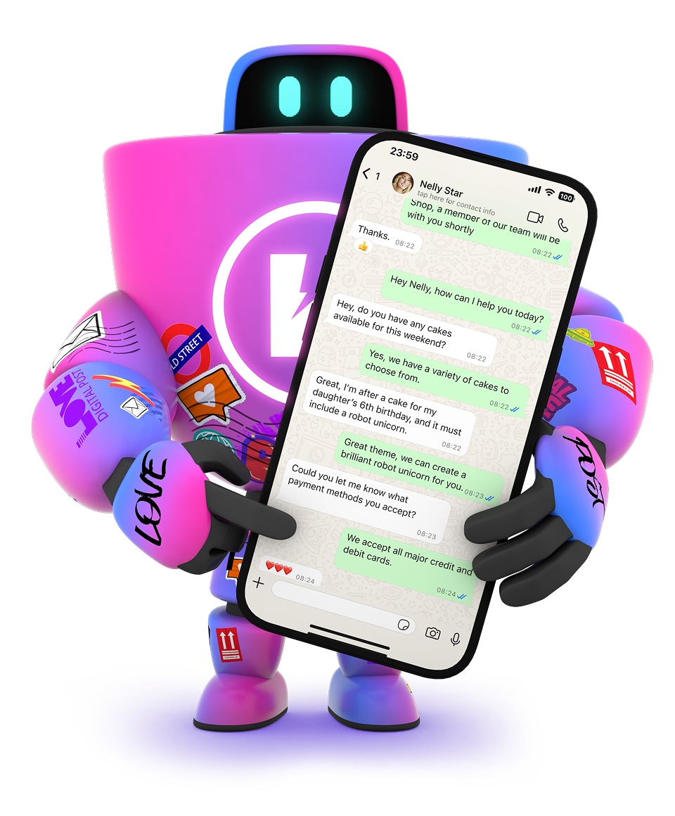 Robot pointing at WhatsApp chat on a phone