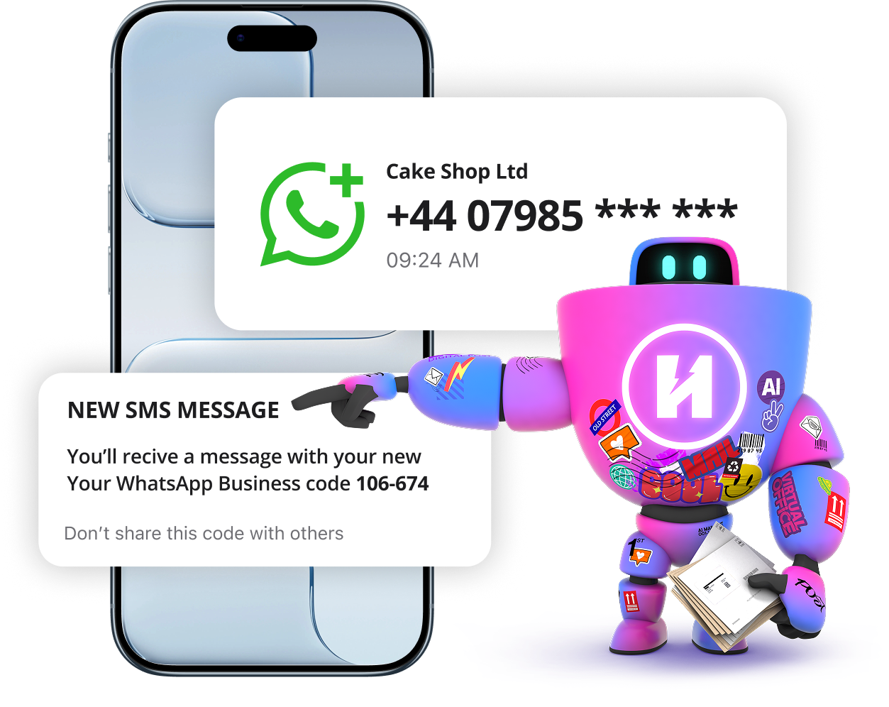 Robot pointing to phone with WhatsApp message